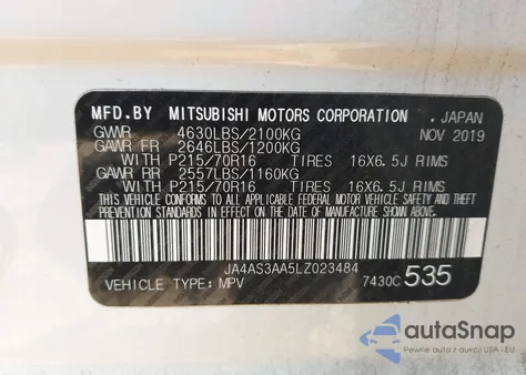 2020 Mitsubishi Eclipse Cross Es 1.5T z USA, uszkodzony, nr VIN JA4AS3AA5LZ023484